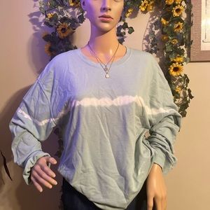 casual teal and white striped blouse bleach mark on bottom edge of the shirt